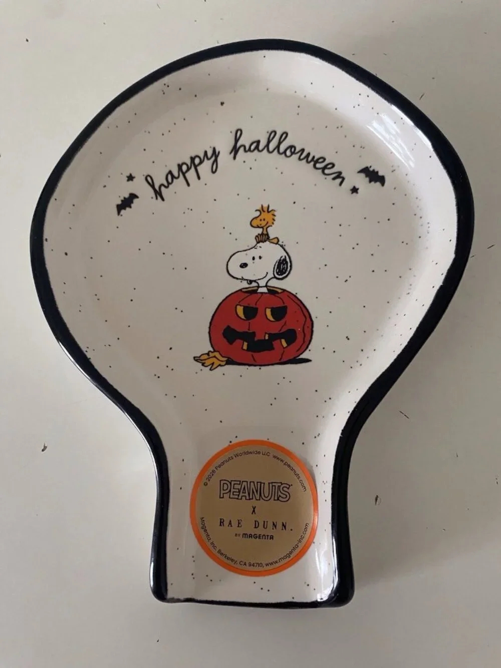 Rae Dunn Peanuts Snoopy & Woodstock Happy Halloween Ceramic Spoon Rest Pumpkin
